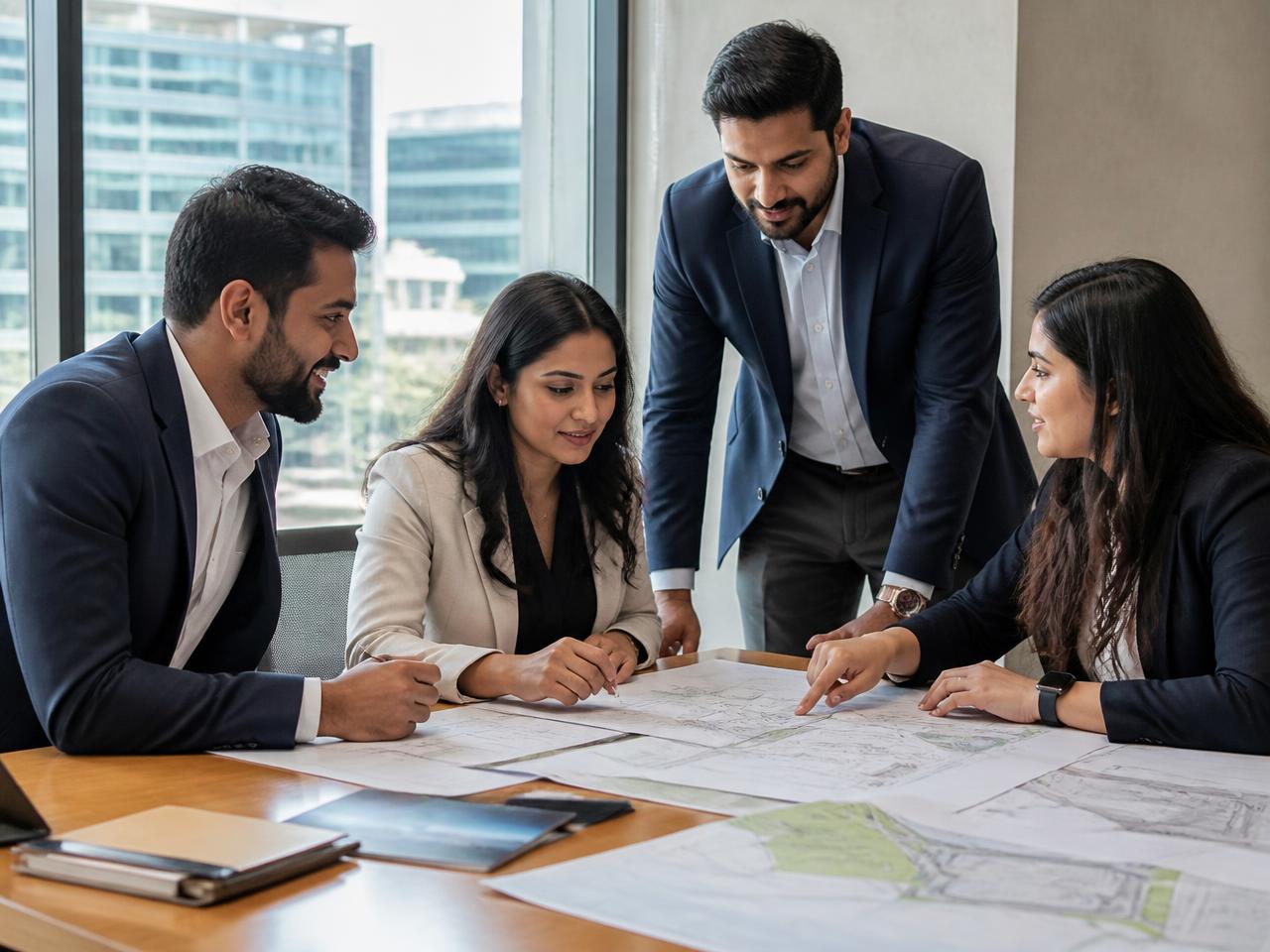 Consultants comparing industrial land plans on a boardroom table