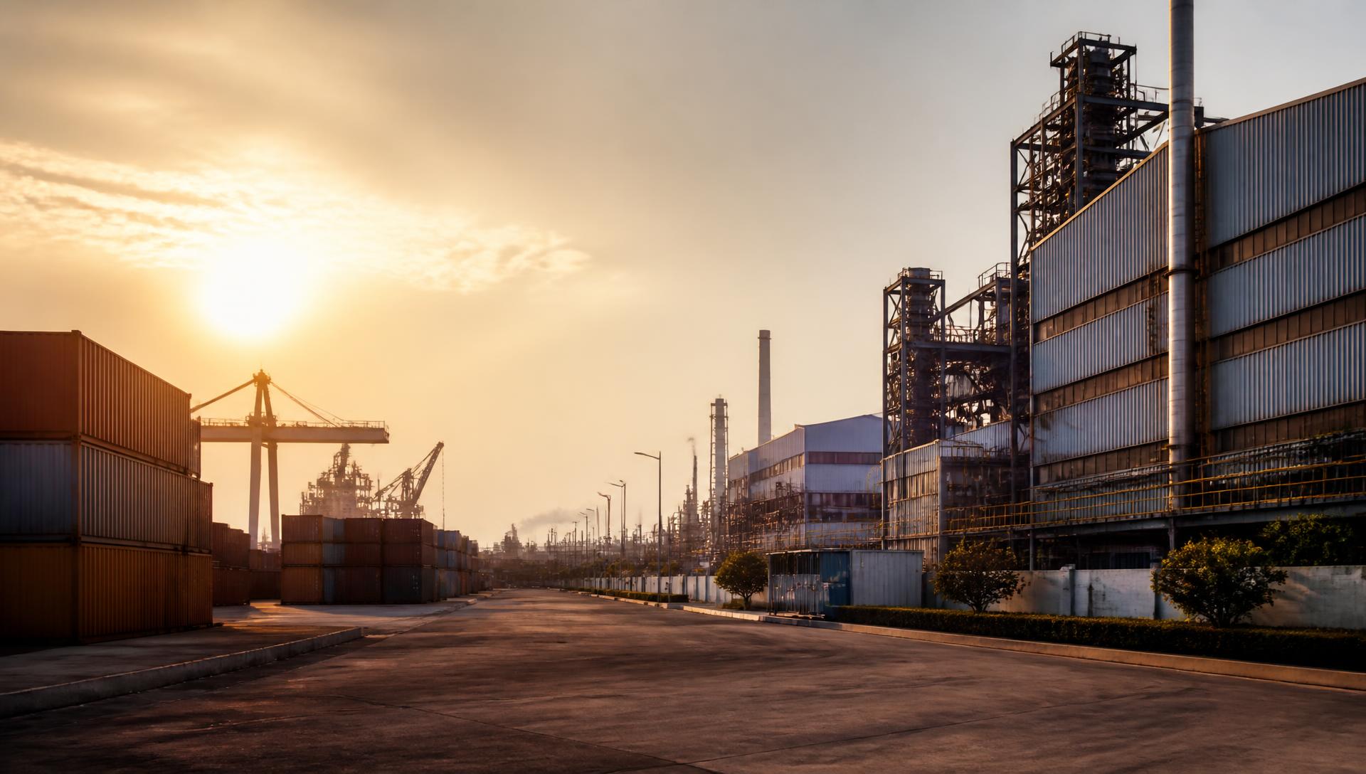 Industrial estate with manufacturing plants and cargo containers at sunset